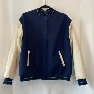 H&M Divided Unisex Navy And White Felt Varsity Bomber Jacket Small Snap Front